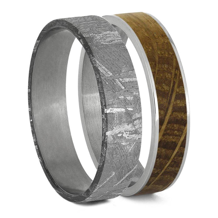 Meteorite and whiskey barrel oak ring inlays side by side