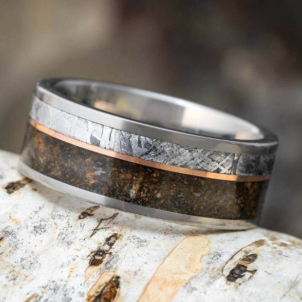 Meteorite and dino bone ring with offset pinstripe on birch