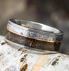Meteorite and dino bone ring with offset pinstripe on birch
