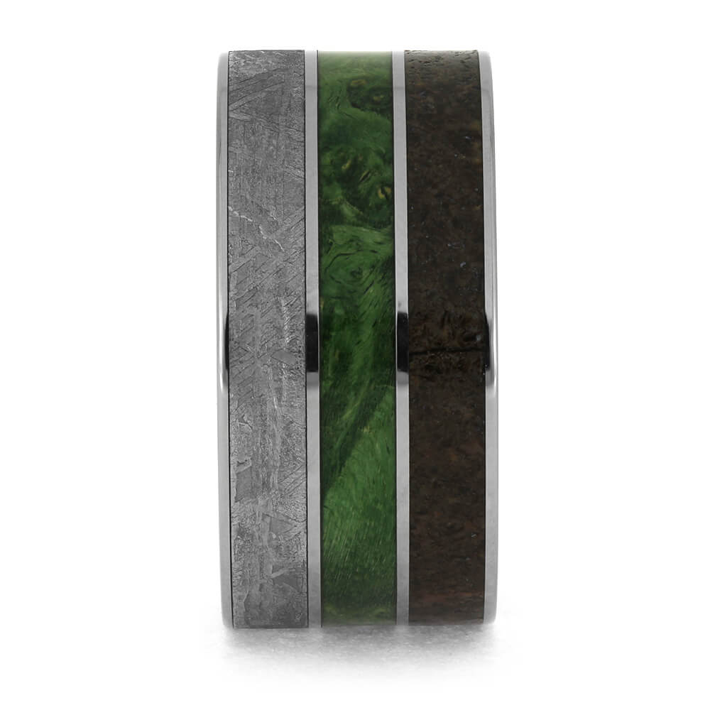 Meteorite, Green Box Elder Burl, Dinosaur Bone Ring