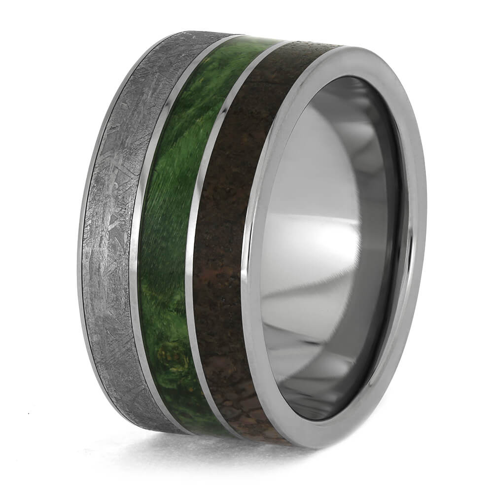 Meteorite, Green Box Elder Burl, Dinosaur Bone Ring