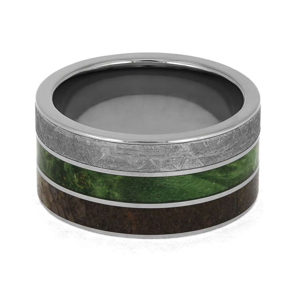 Meteorite, Green Box Elder Burl, Dinosaur Bone Ring