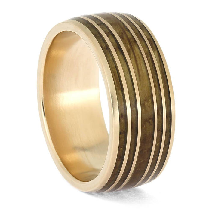 Side view of rose gold whiskey barrel wedding band