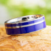 Custom purple enamel wedding band in titanium on wood