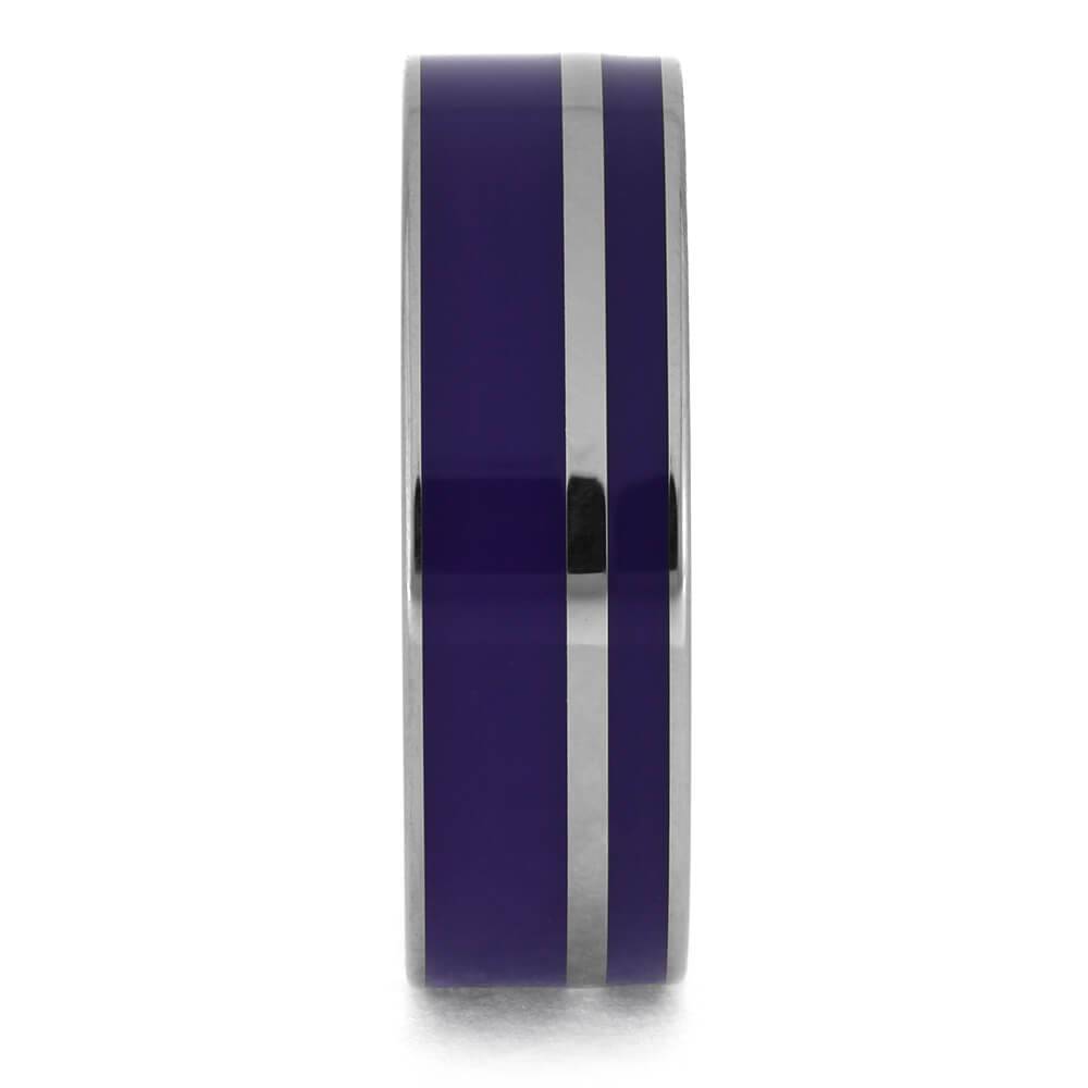 Top view of purple enamel wedding band in titanium