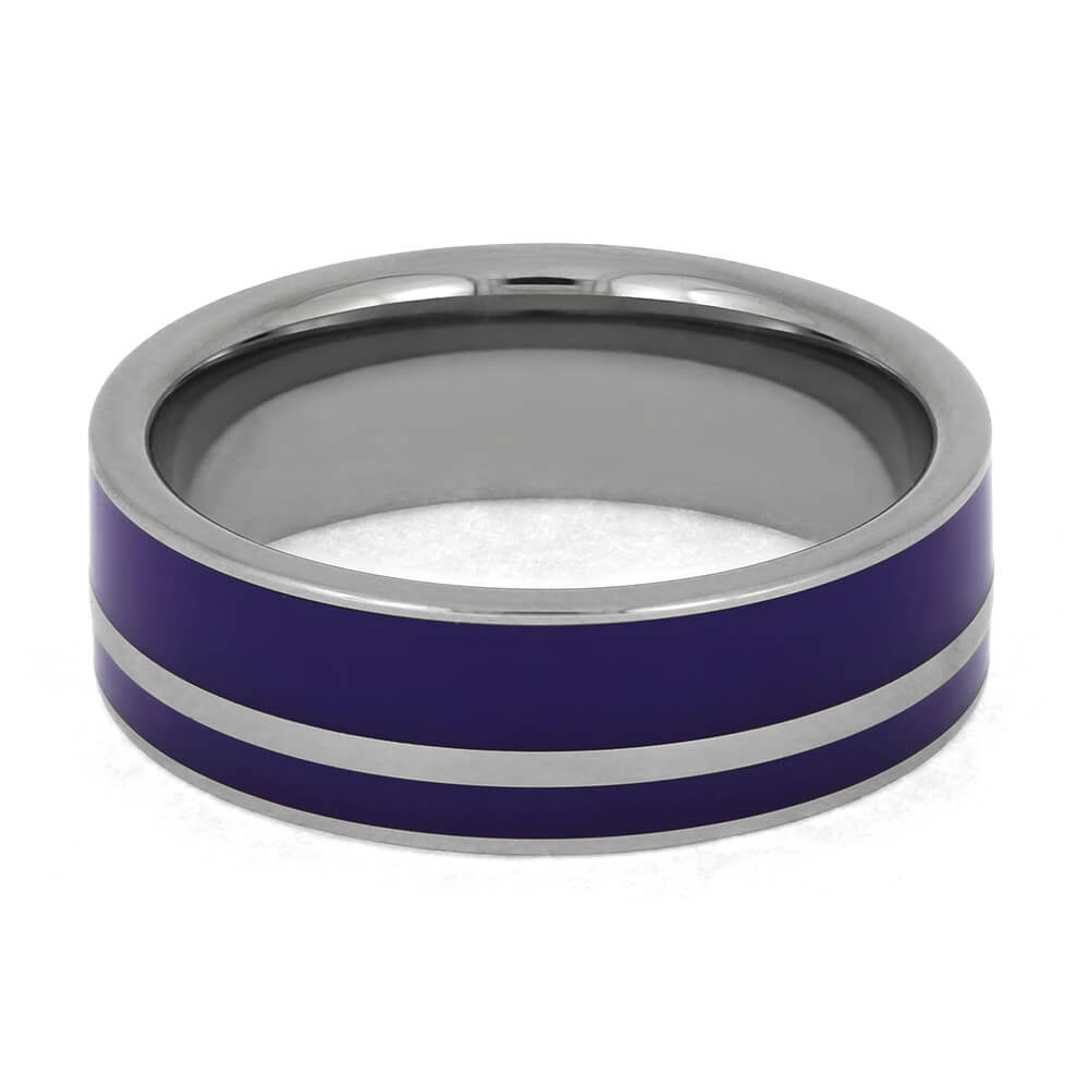 Purple enamel titanium wedding band on white background