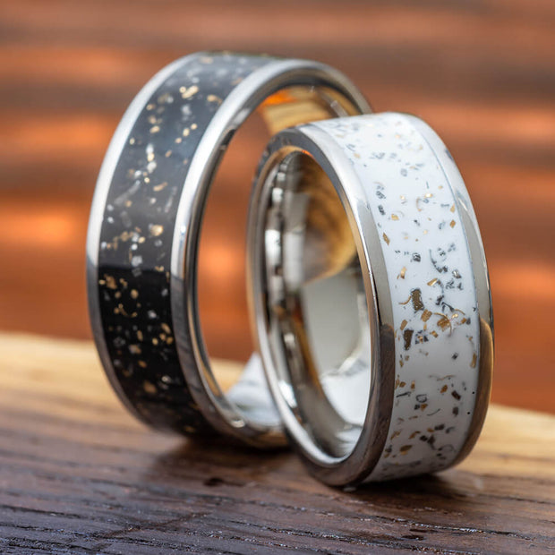 Black and White Meteorite His and Hers Rings
