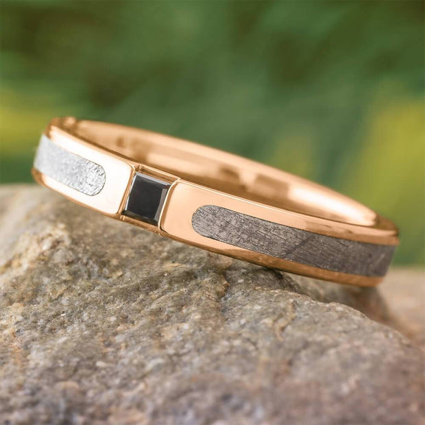 Rose gold meteorite ring with black diamond on rock