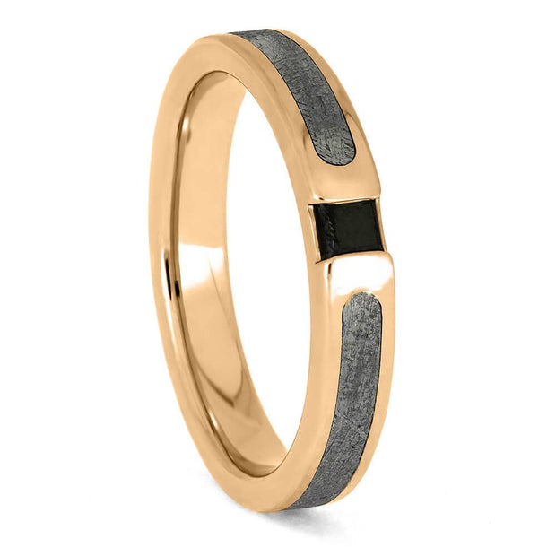 Elegant rose gold ring with meteorite inlay and black diamond