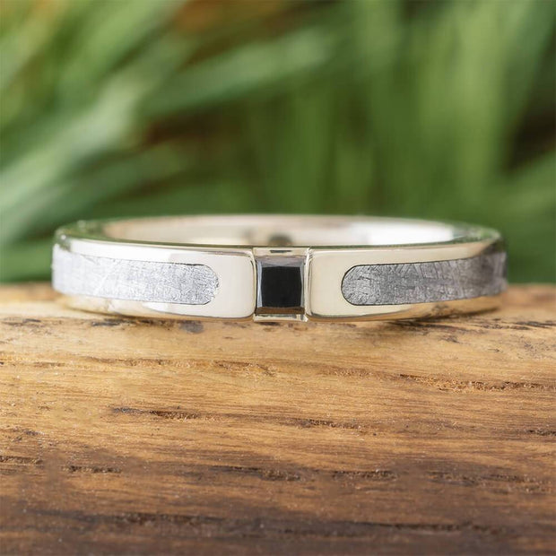 Black Diamond Ring with Meteorite Inlay