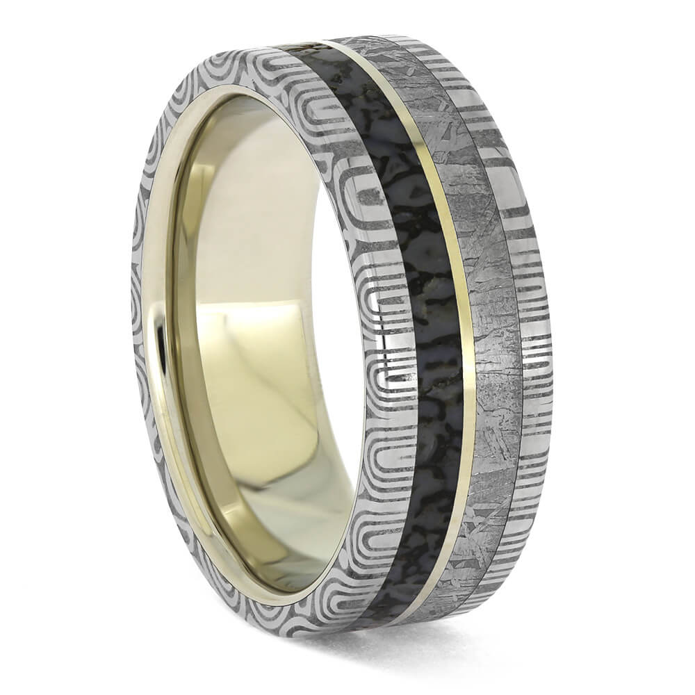 Meteorite and Damascus Steel Ring with Fossil