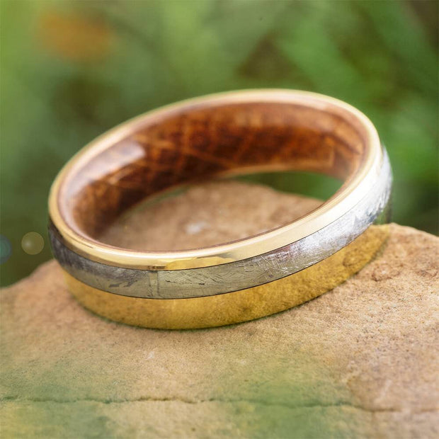 Meteorite and whiskey barrel oak ring on stone