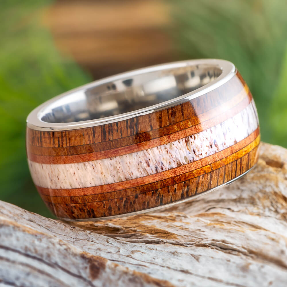 Wide Men's Wedding Band with Antler and Wood