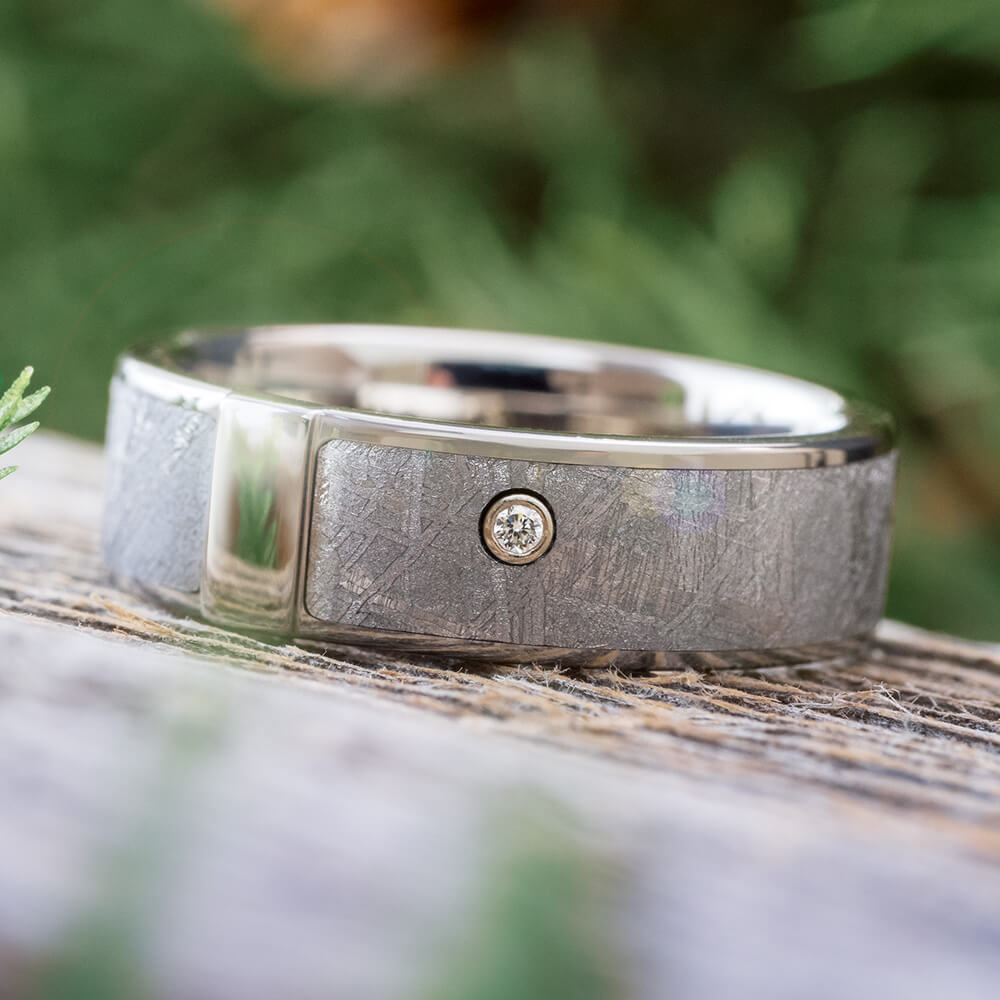 Unique Meteorite Wedding Band with Diamond