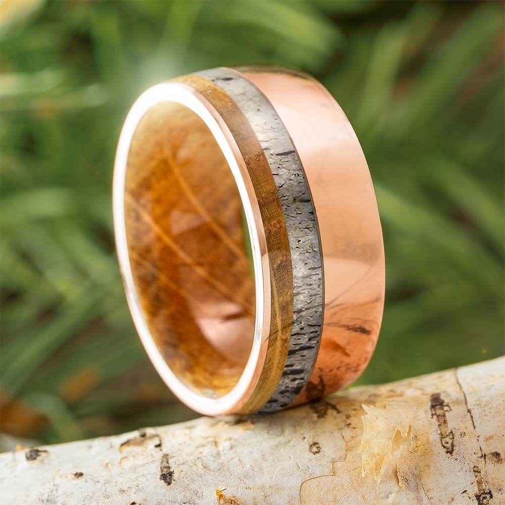 Rustic Whiskey Barrel and Antler Wedding Band