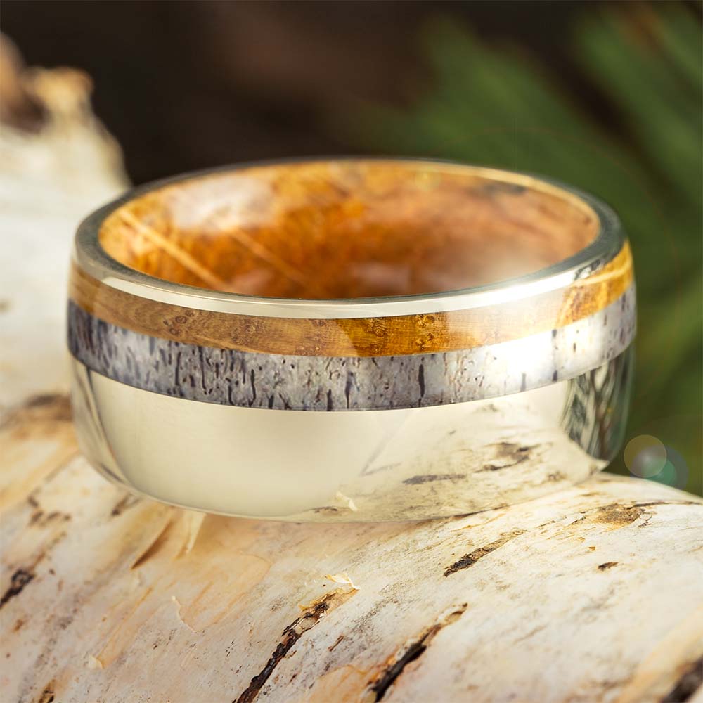 Unique White Gold and Whiskey Oak Wedding Band for Men