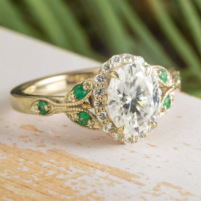 Moissanite Halo Ring Vintage Style Oval Moissanite, Emeralds