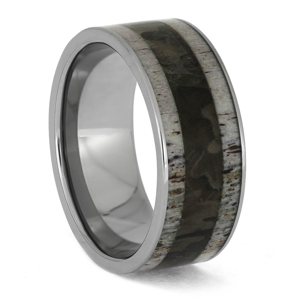 Woodland Camo And Deer Antler Men's Wedding Band in Titanium