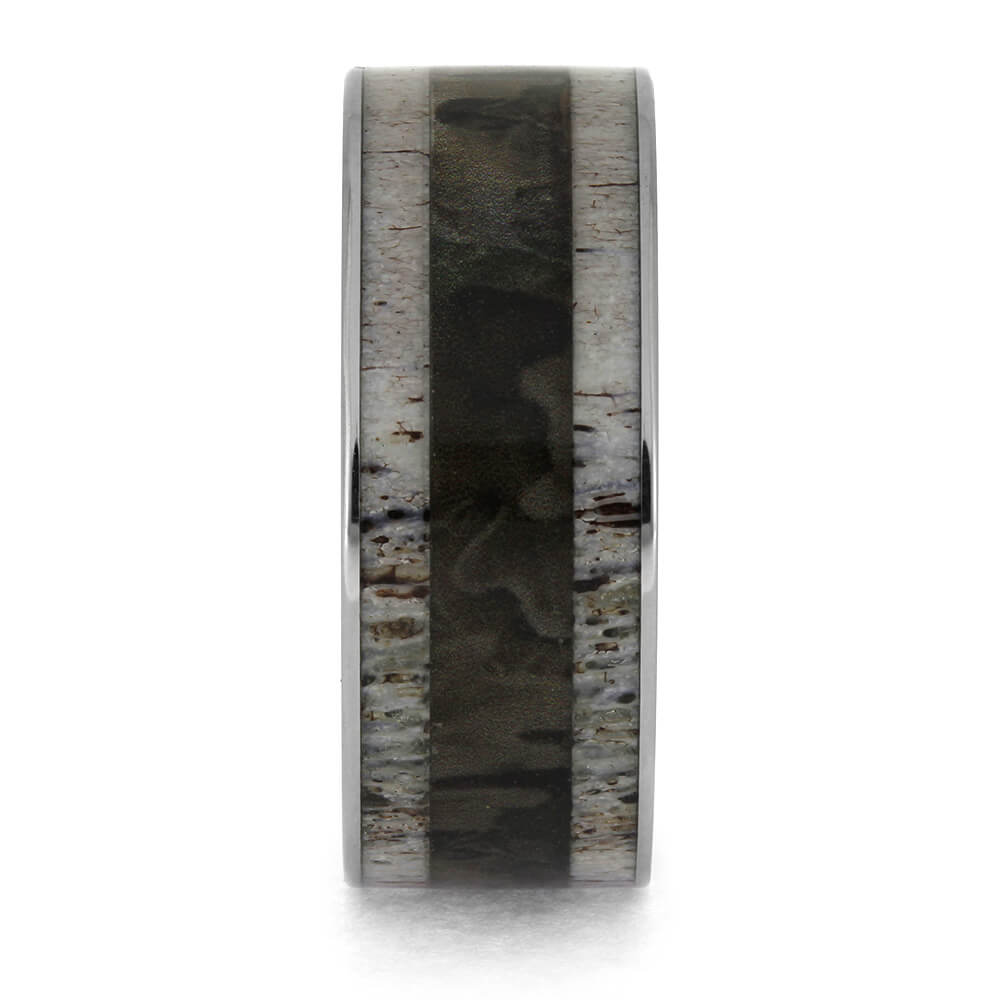 Woodland Camo And Deer Antler Men's Wedding Band in Titanium