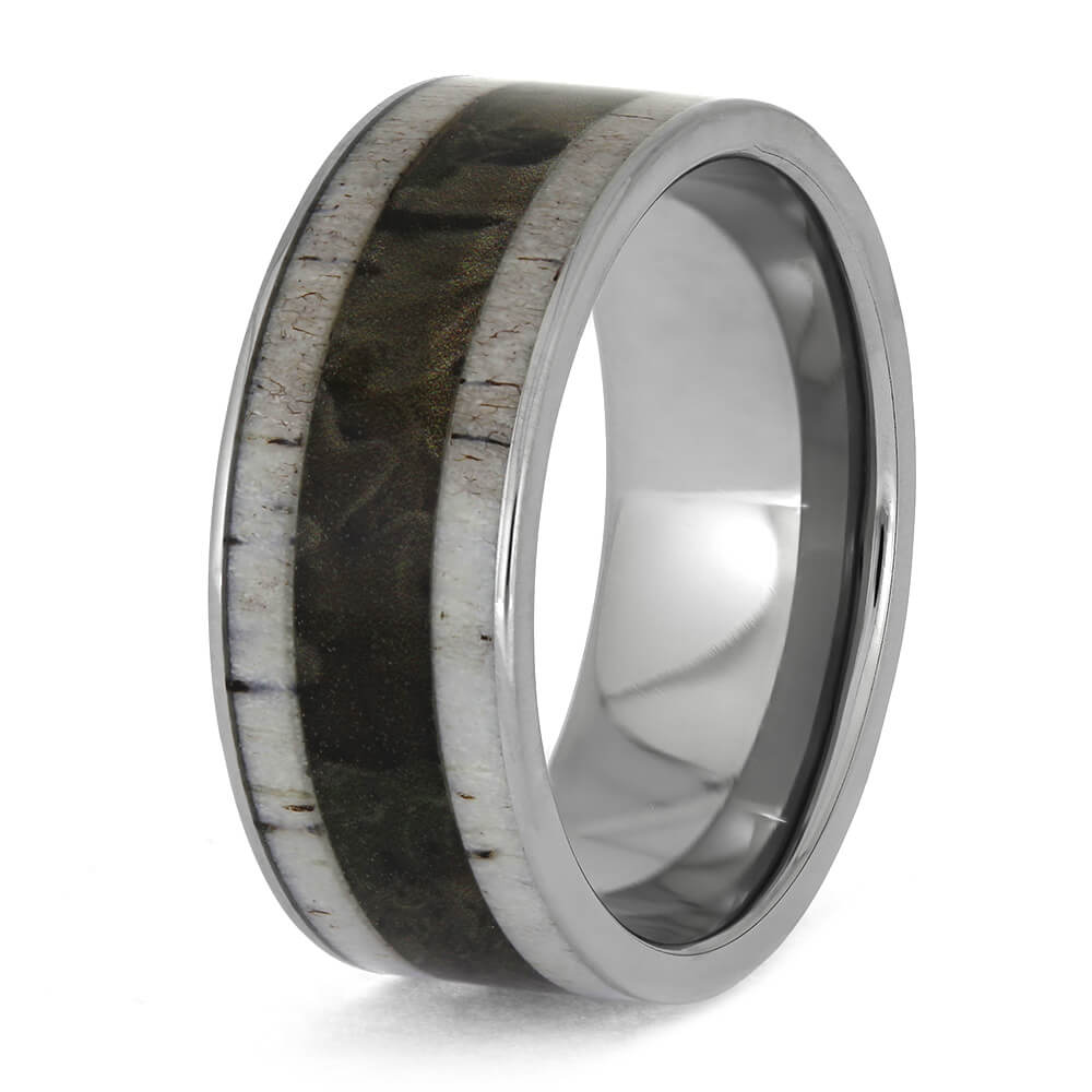 Woodland Camo And Deer Antler Men's Wedding Band in Titanium