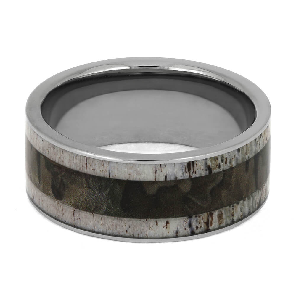 Woodland Camo And Deer Antler Men's Wedding Band in Titanium