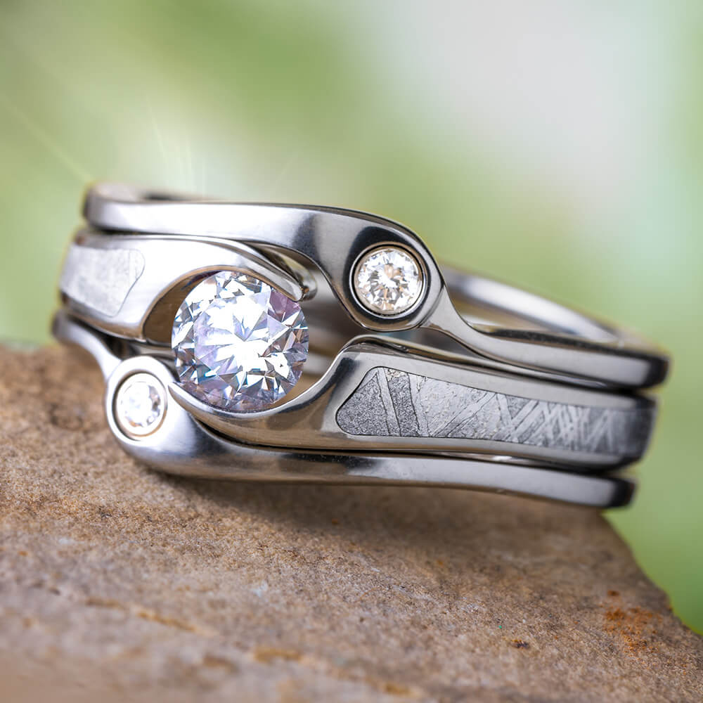 Ring Guard Bridal Set with Meteorite and Moissanite