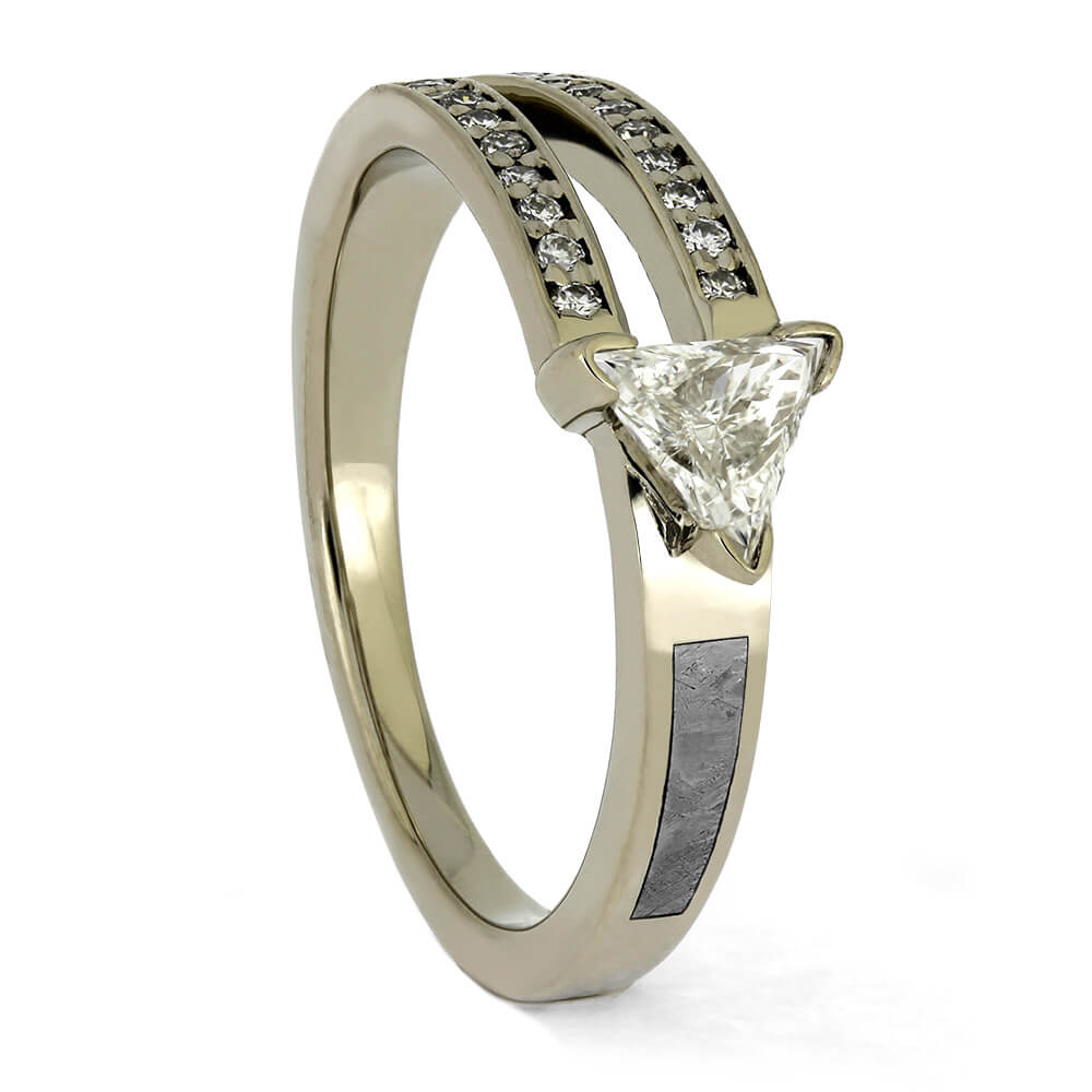 Triangle Diamond Engagement Ring with Meteorite