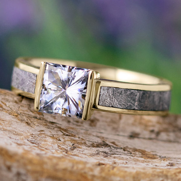 Square Engagement Ring with Meteorite