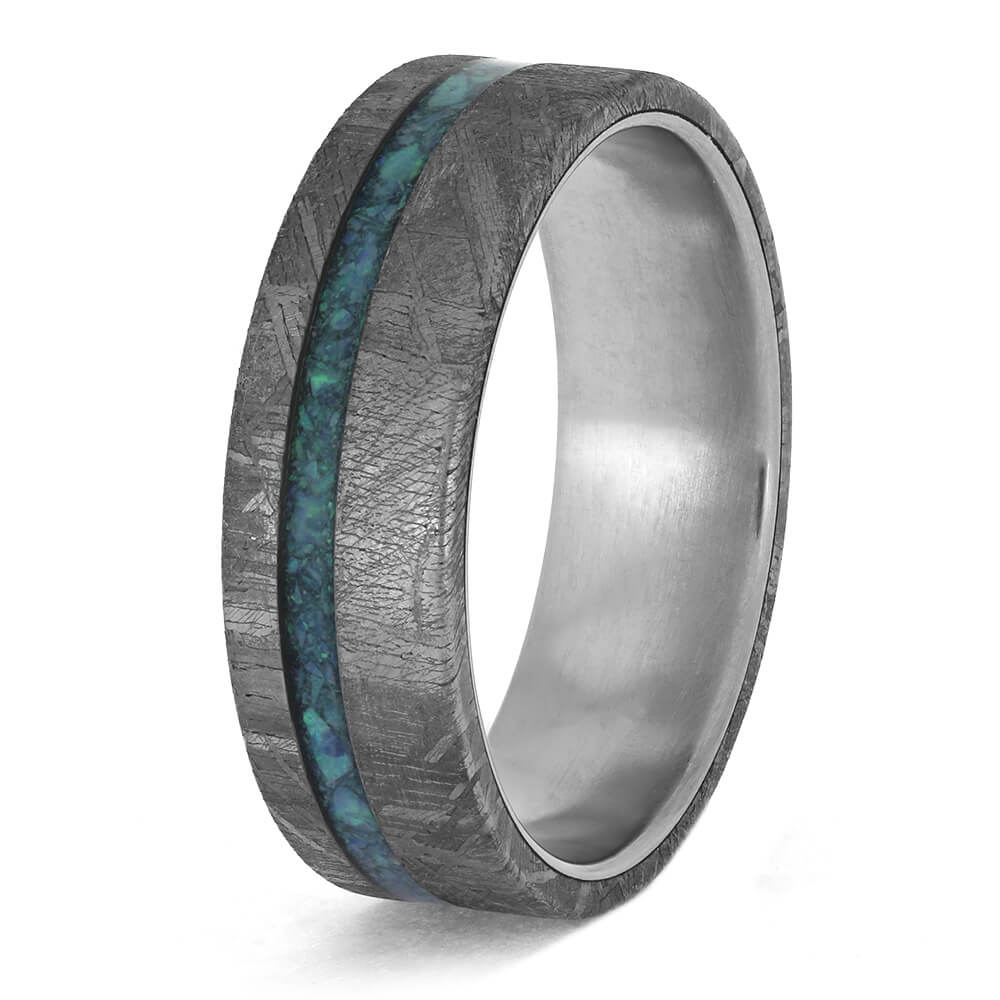 Meteorite Wedding Band with Opal Inlay