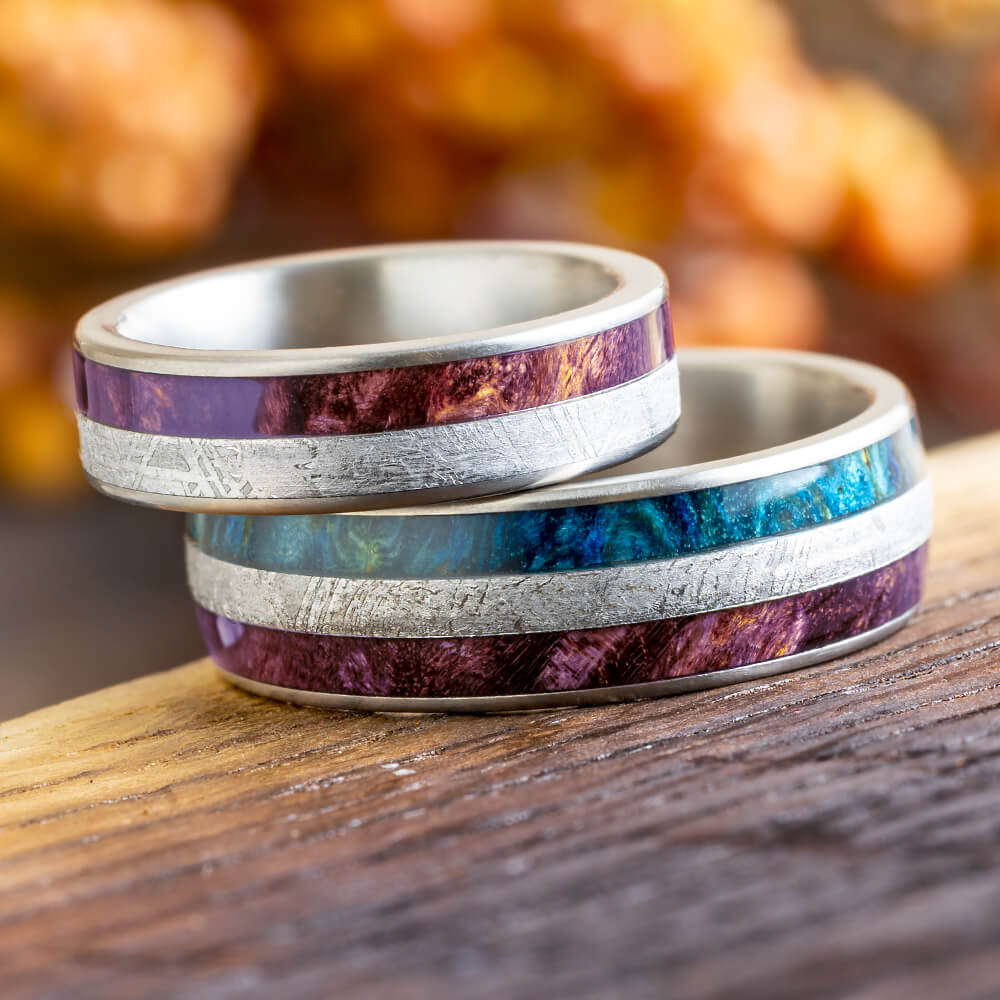 Meteorite and Wood Wedding Ring Set