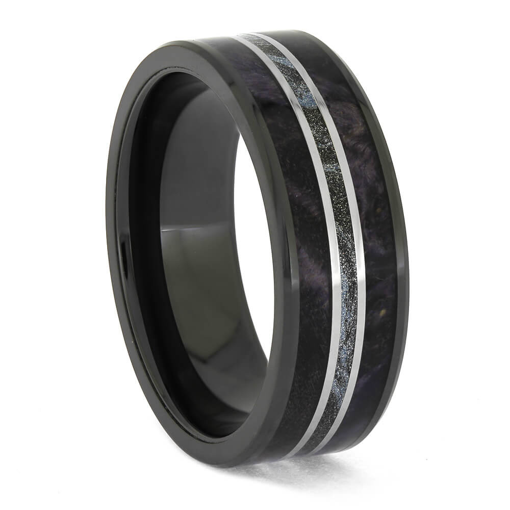 Black Wedding Band with Mokume and Purple Wood
