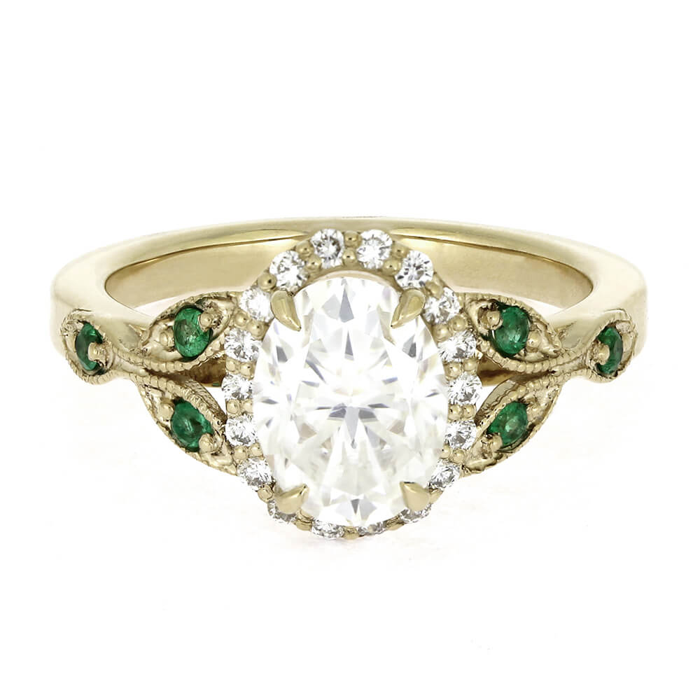 Unique Halo Engagement Ring with Emerald Accents