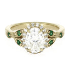 Unique Halo Engagement Ring with Emerald Accents