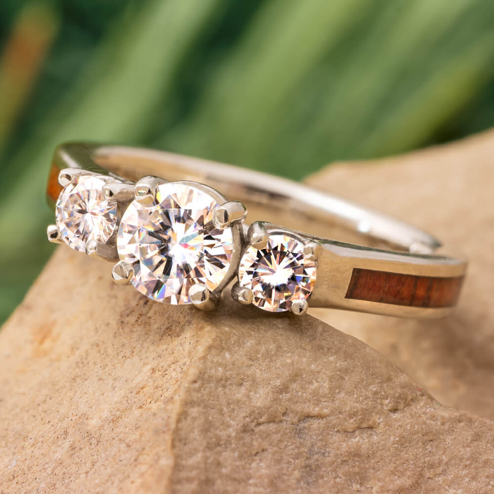 Three Stone Engagement Ring with Wood Inlay Jewelry By Johan