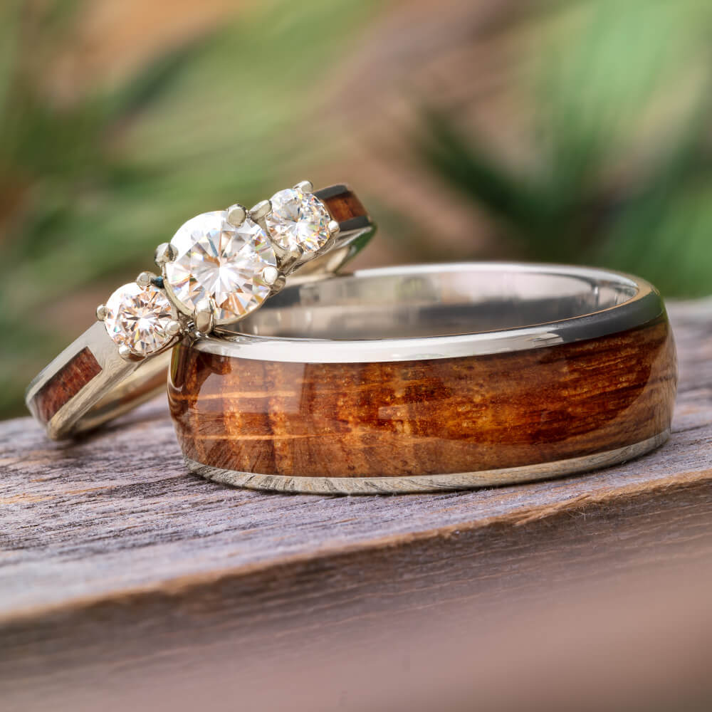 Wood Wedding Ring Set, White Gold and Titanium Rings