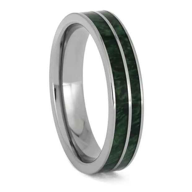 Green box elder burl wood ring with titanium pinstripe