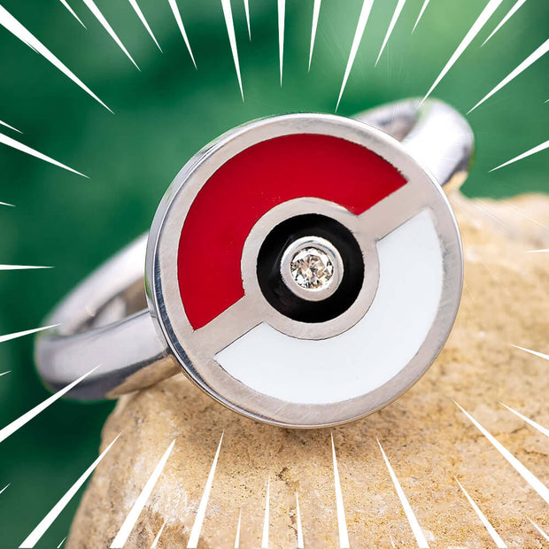 Pokemon Ring with Moissanite Stone, Pokeball Ring
