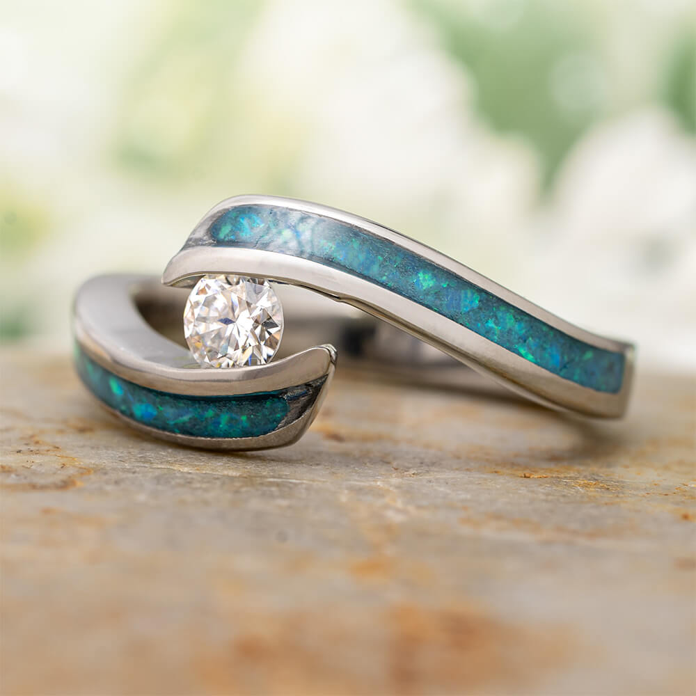 Opal and Moissanite Engagement Ring