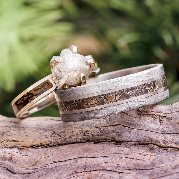 Meteorite and Dinosaur Bone Wedding Ring Set