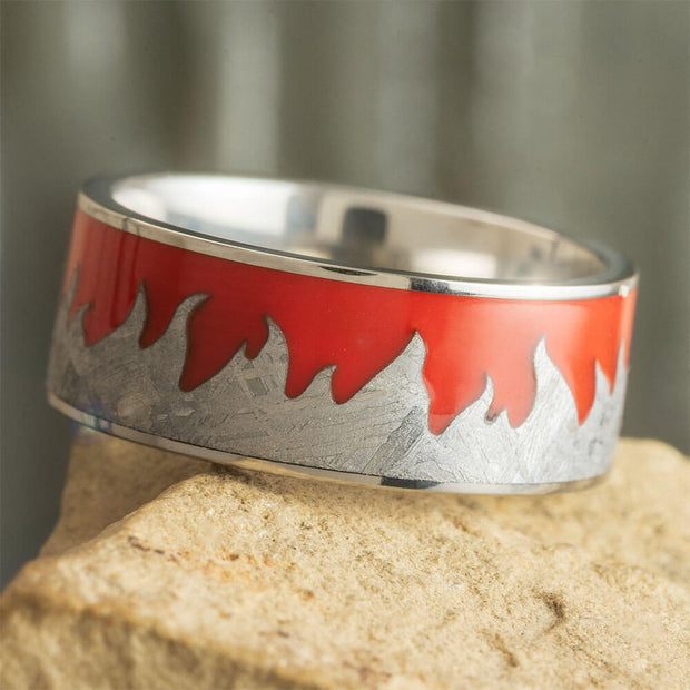 Unique Flaming Wedding Band with Meteorite