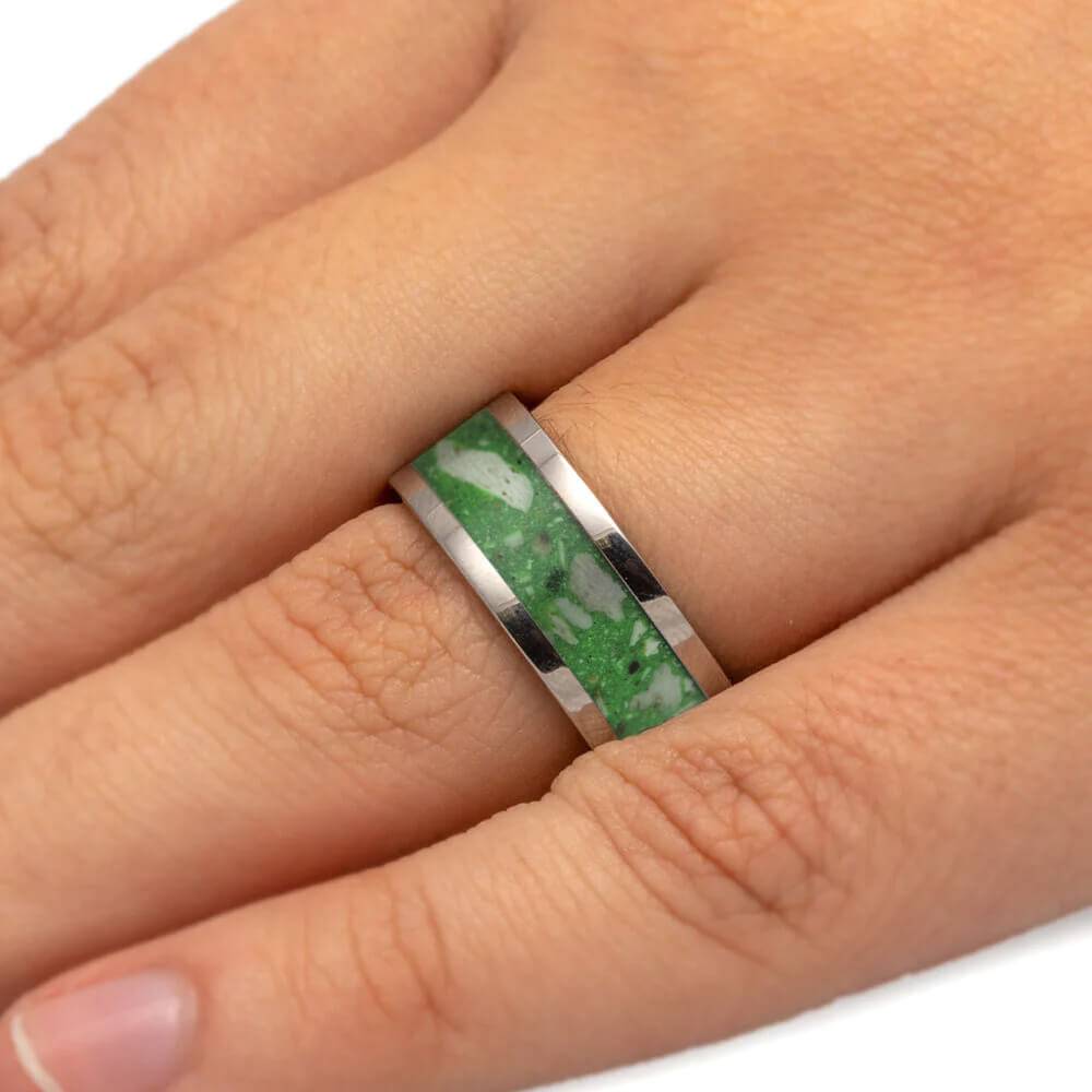 Memorial Ring in Titanium with Glow in the Dark Green