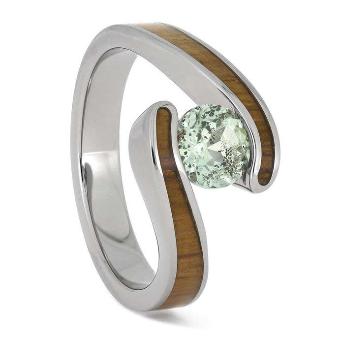 Tension Set Engagement Ring with Green Sapphire and Oak Wood