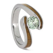 Tension Set Engagement Ring with Green Sapphire and Oak Wood