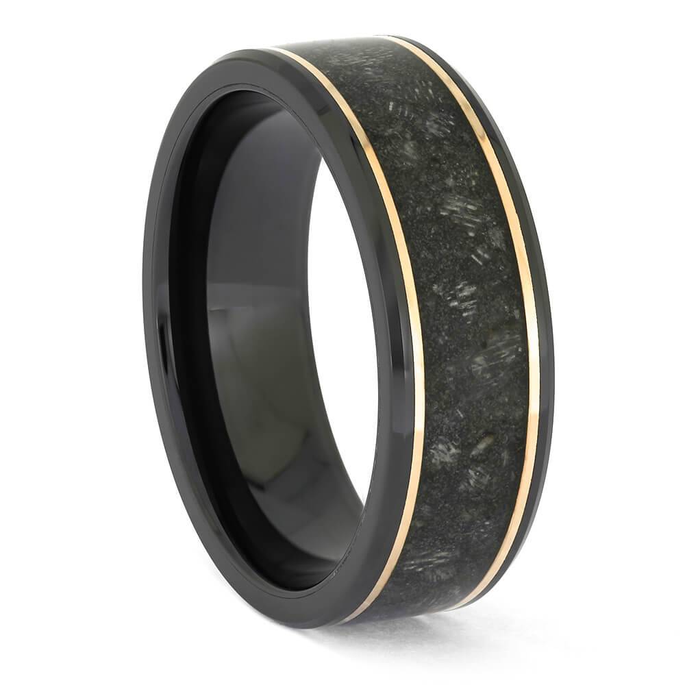 Close-up of Black Ceramic Horse Hoof Ring - Gold Pinstripes with polished finish and beveled profile, ideal for custom pet memorial rings.