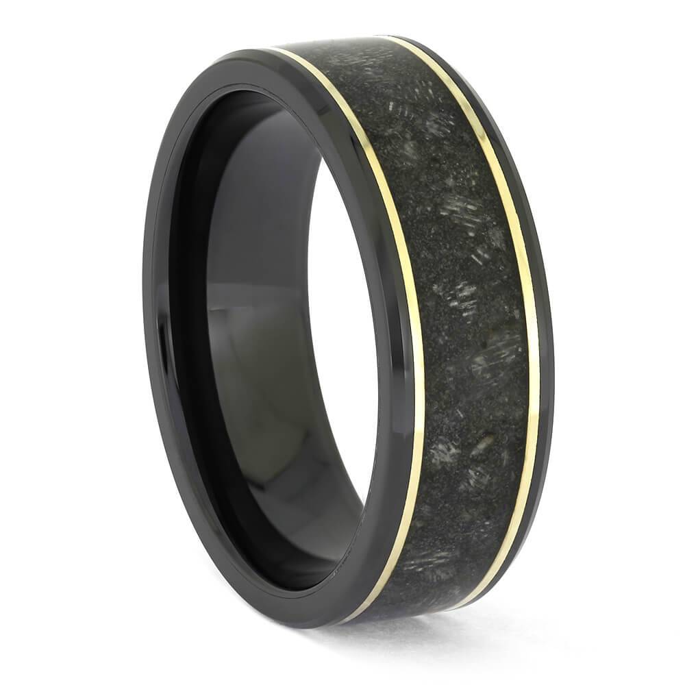 Black Ceramic Horse Hoof Ring - Gold Pinstripes featuring beveled edges and polished black ceramic band in 8mm width for pet memorial jewelry.