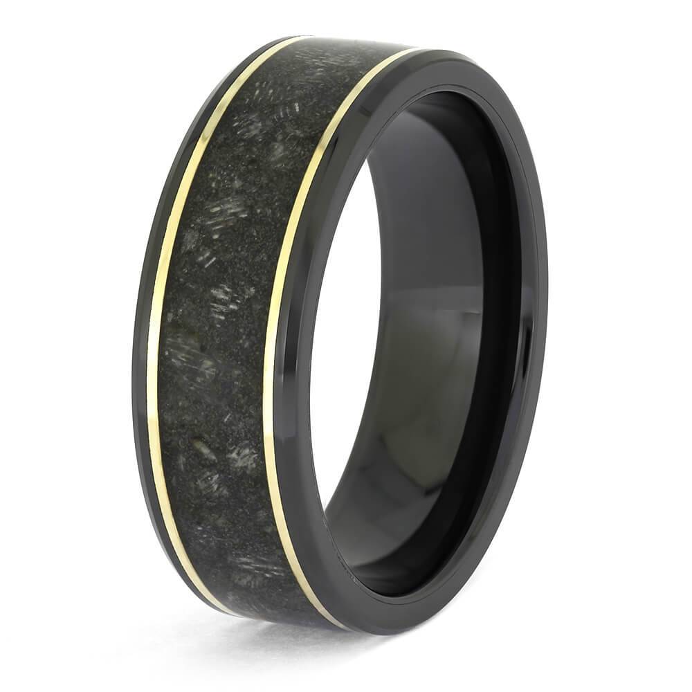 Angled view of Black Ceramic Horse Hoof Ring - Gold Pinstripes, emphasizing polished finish and natural hoof texture in memorial ring design.