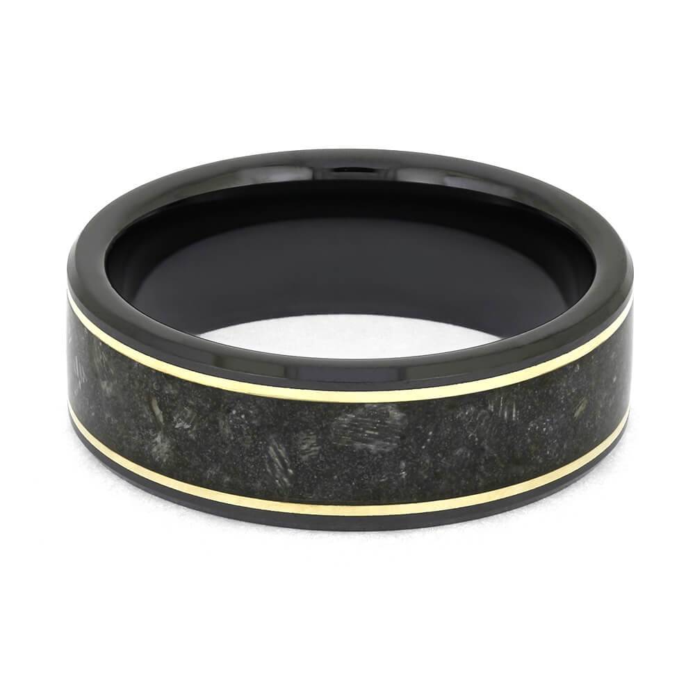 Top view of Black Ceramic Horse Hoof Ring with Gold Pinstripes, showcasing detailed inlay and sleek black ceramic band for jewelry lovers.