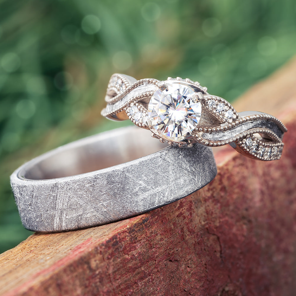 Meteorite Wedding Ring Set with Diamond Ring