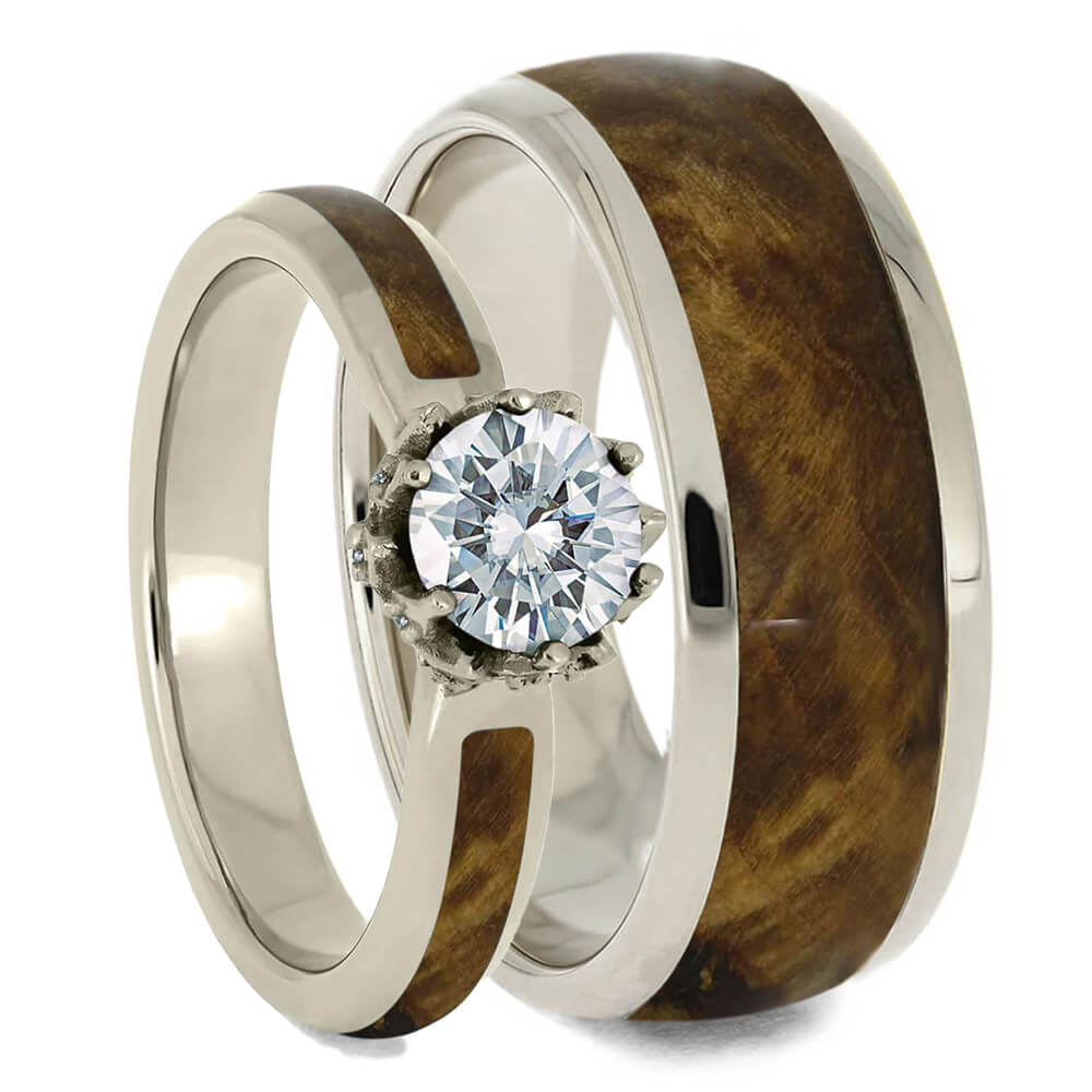 Moissanite and Wood Wedding Rings
