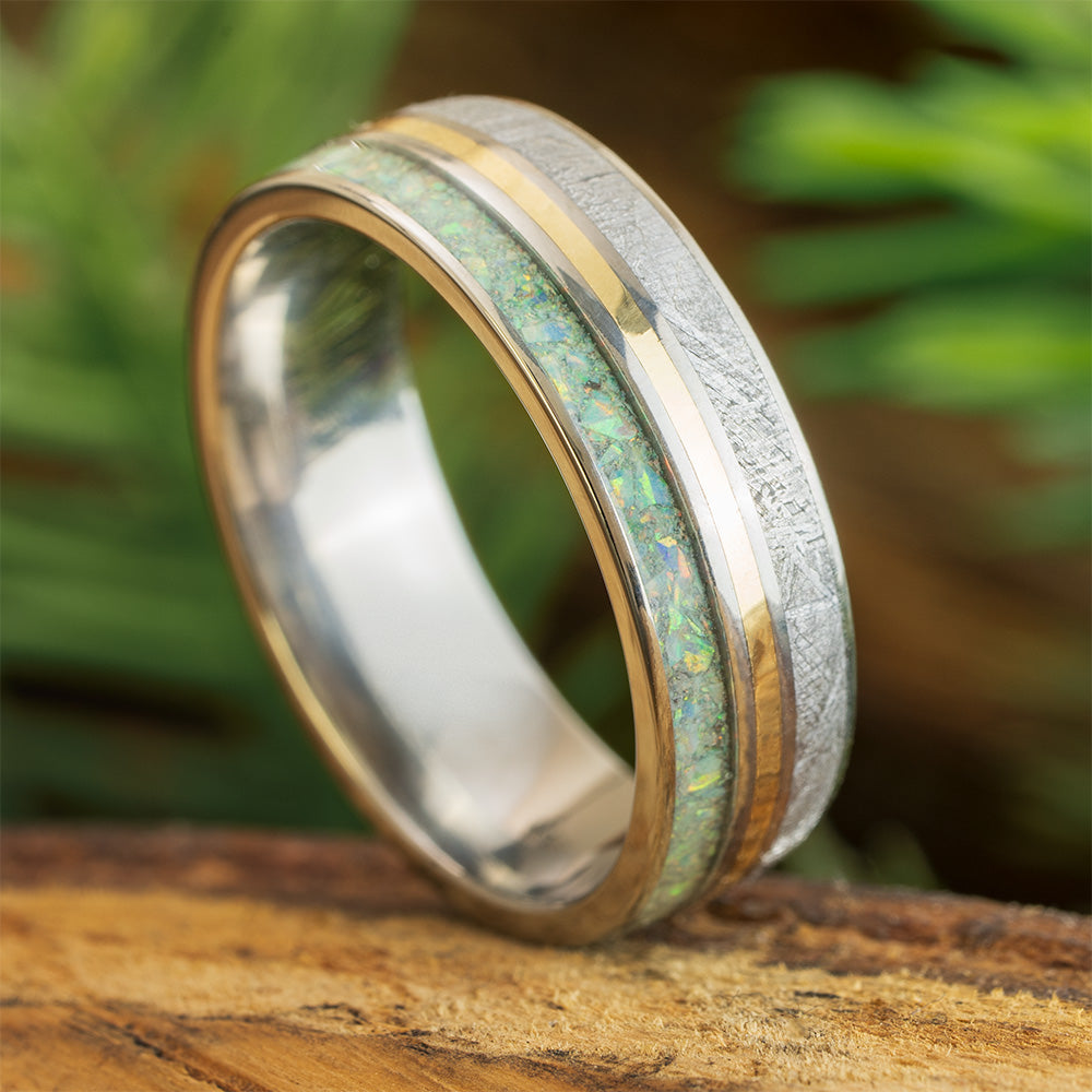 Opal and Meteorite Wedding Band